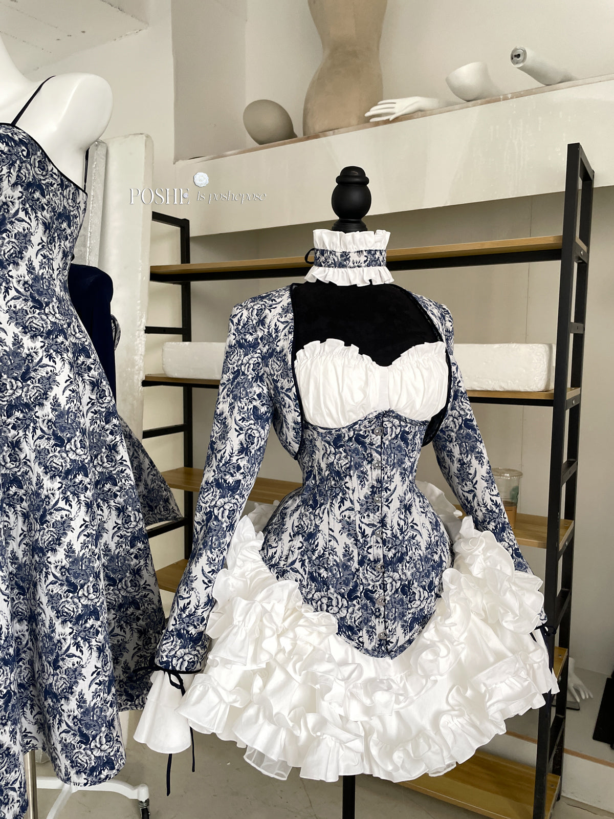 Luxury corset outfit inspired by Rococo fashion with white layered skirt by Poshepose.