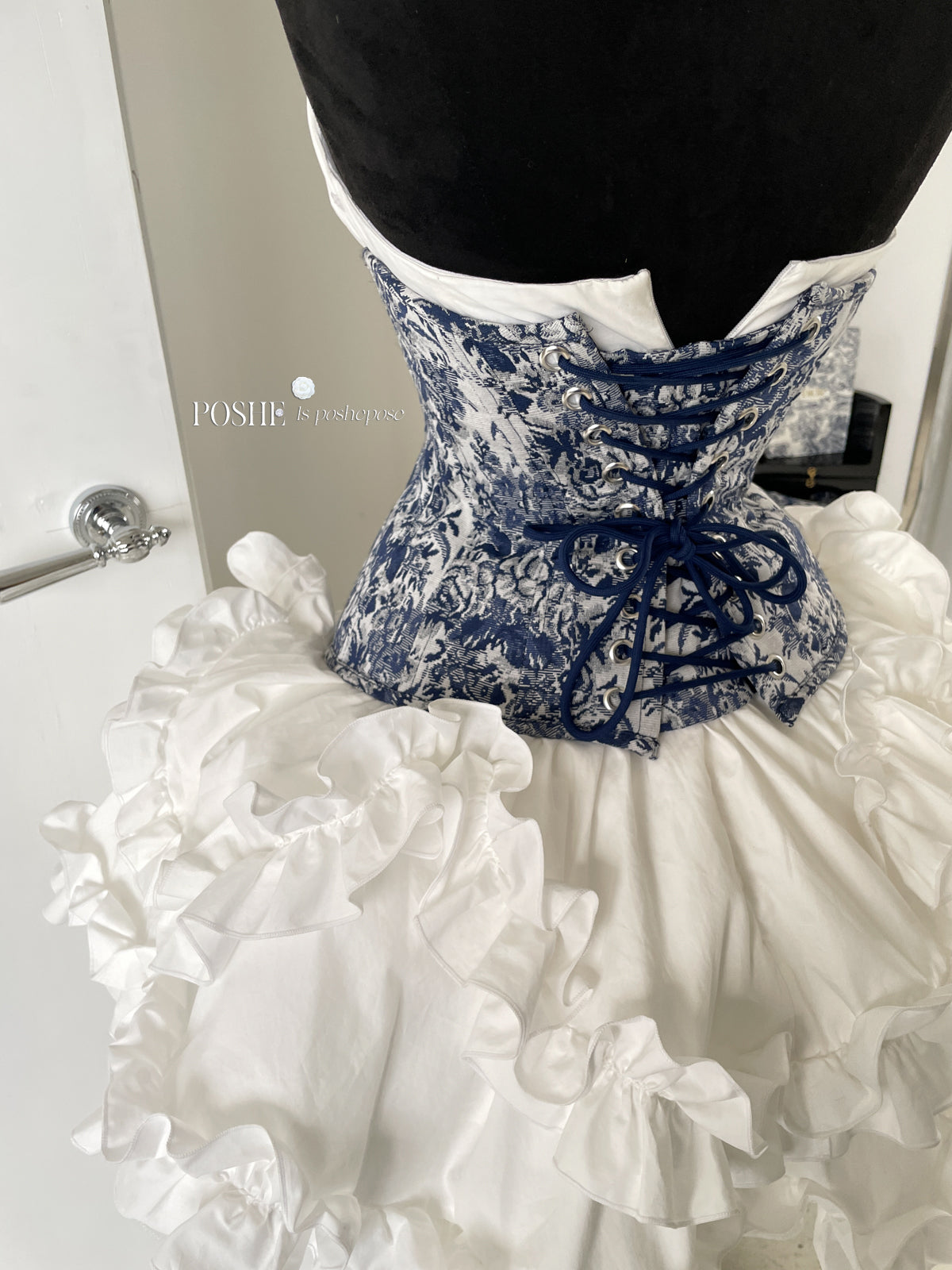 Rococo Laurel Poem Structured Corset in Caviar Blue