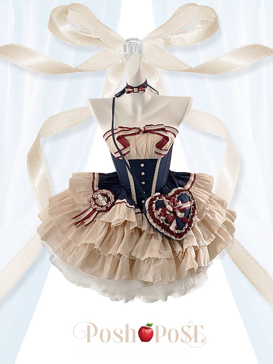 Fairy-tale lolita dress in cream and navy with heart-shaped bag and vintage ribbon accents.