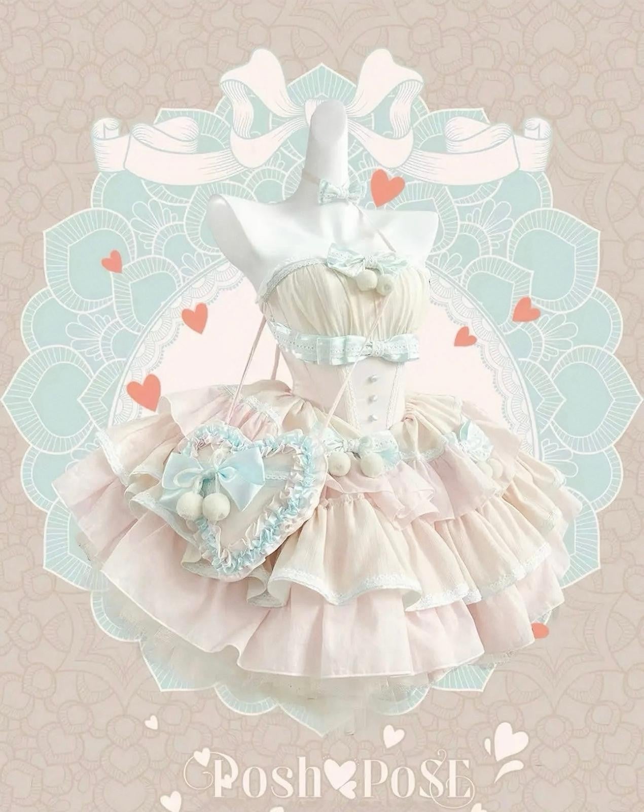 Balletcore lolita dress in pink and mint with layered tulle skirt and delicate lace.