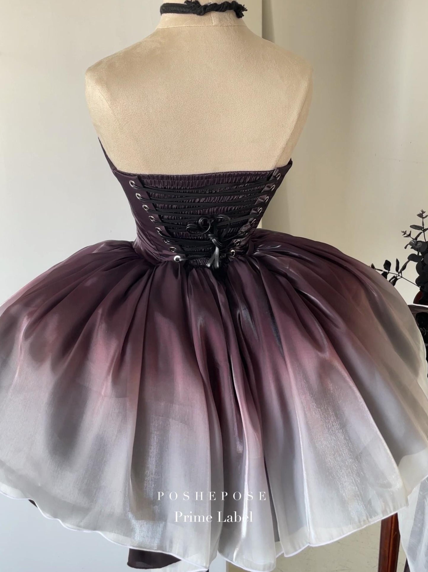 High-fashion Black Swan Lolita dress in deep gradient tones.