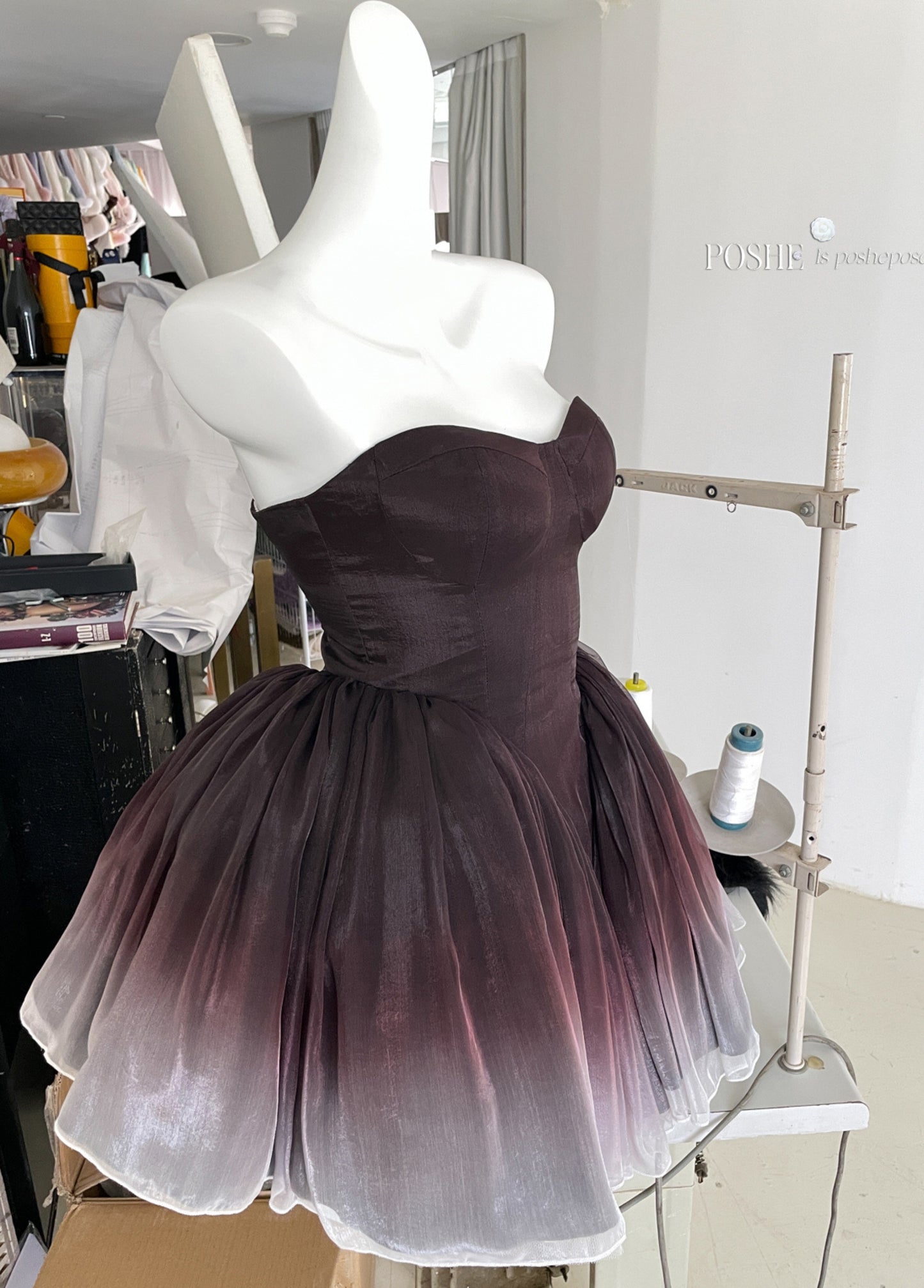 High-end Lolita fashion dress in black and white gradient.