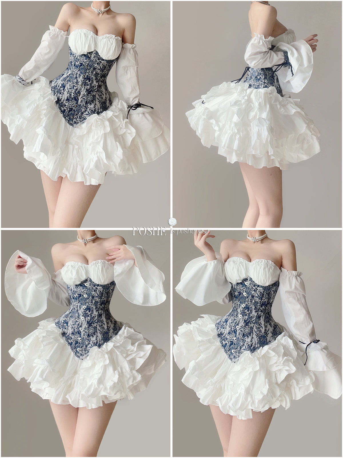 Blue and white Rococo-inspired structured corset dress by Poshepose Global.