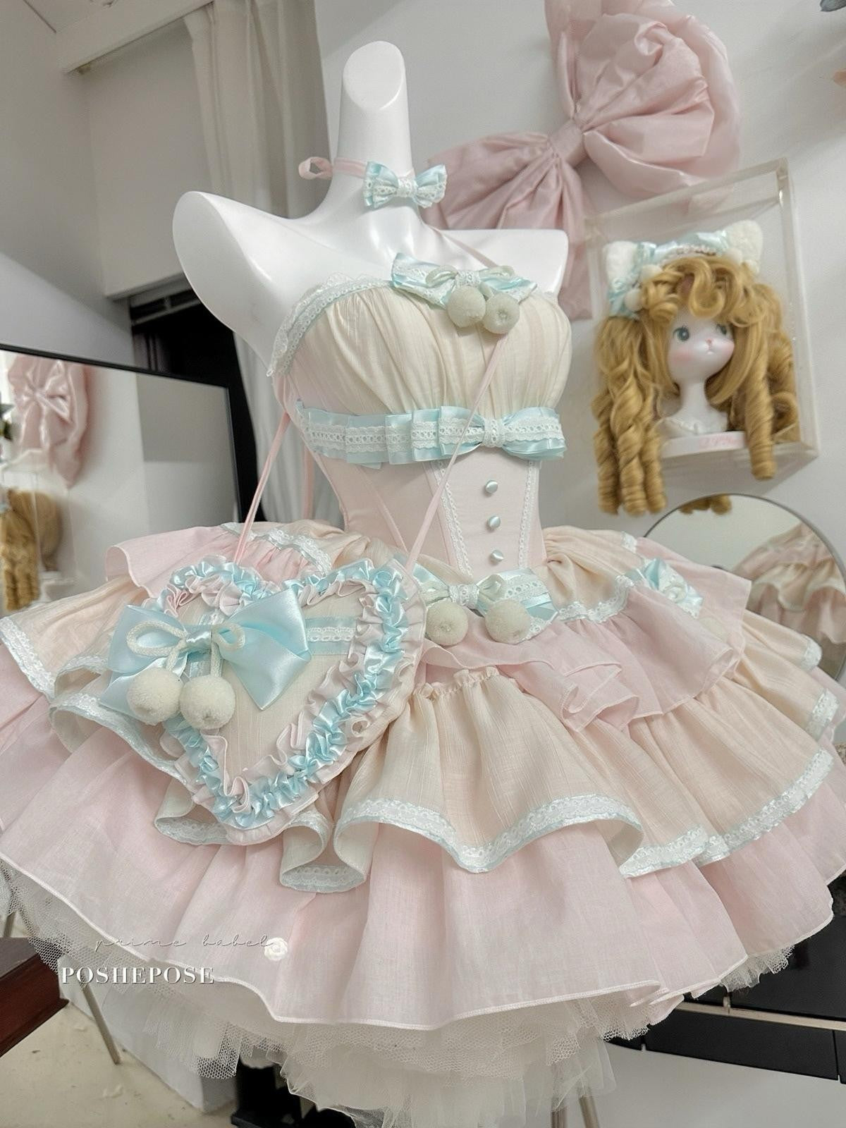 Romantic pastel lolita dress with layered skirt and mint ribbon details, Poshepose Global brand.