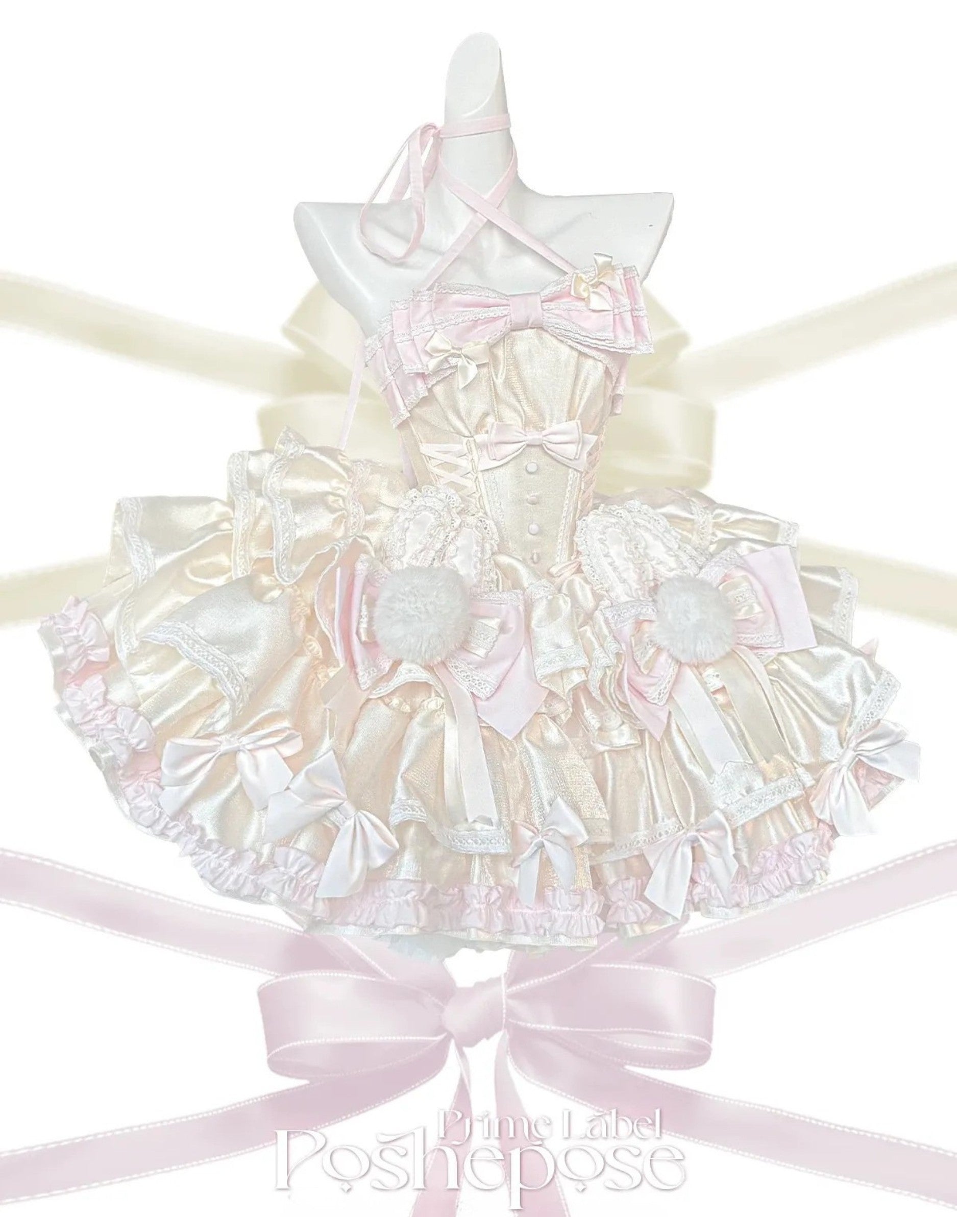 Fairytale-inspired lolita dress with fluffy poms and lace