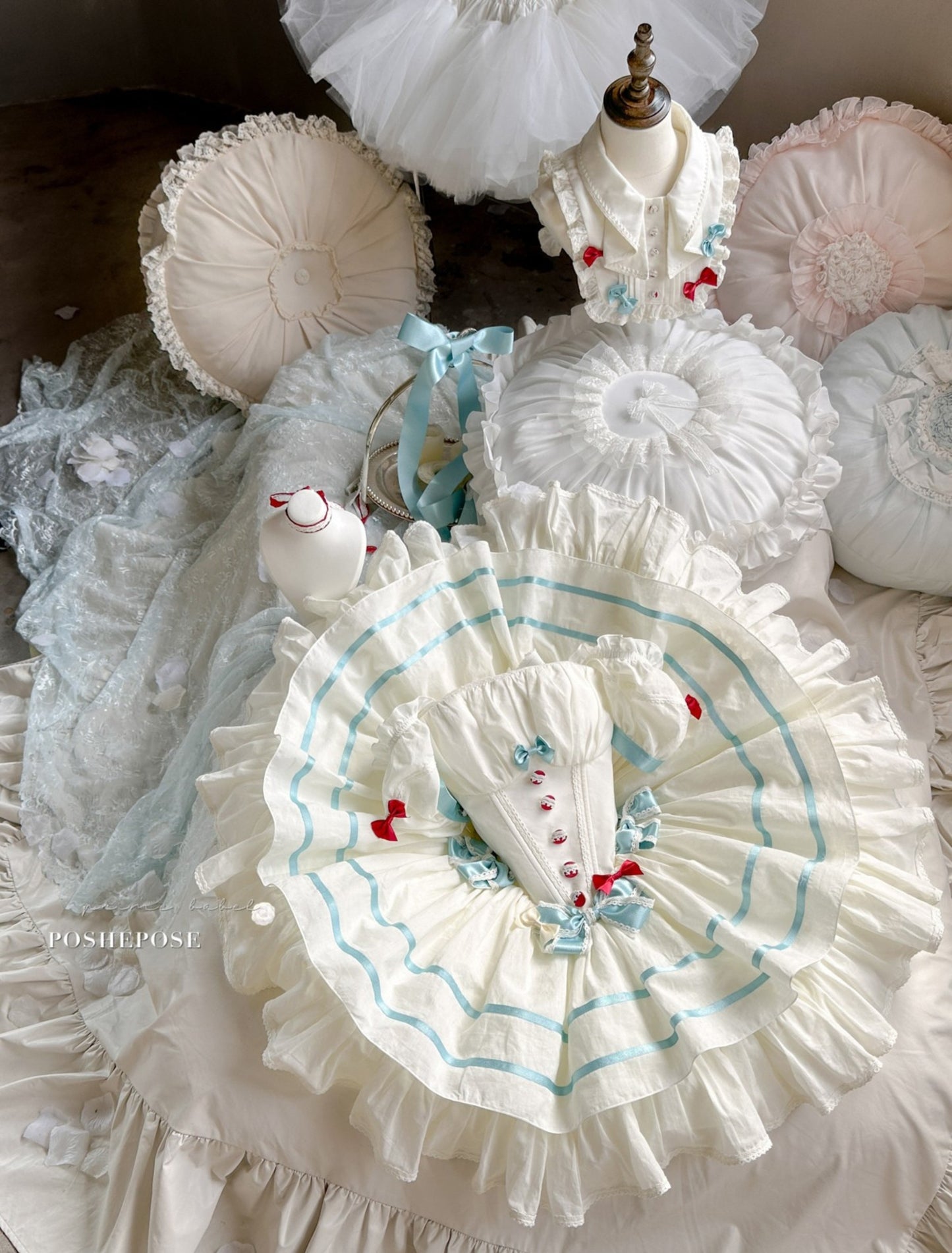 Balletcore and sweet Lolita style dress with blue ribbon details.