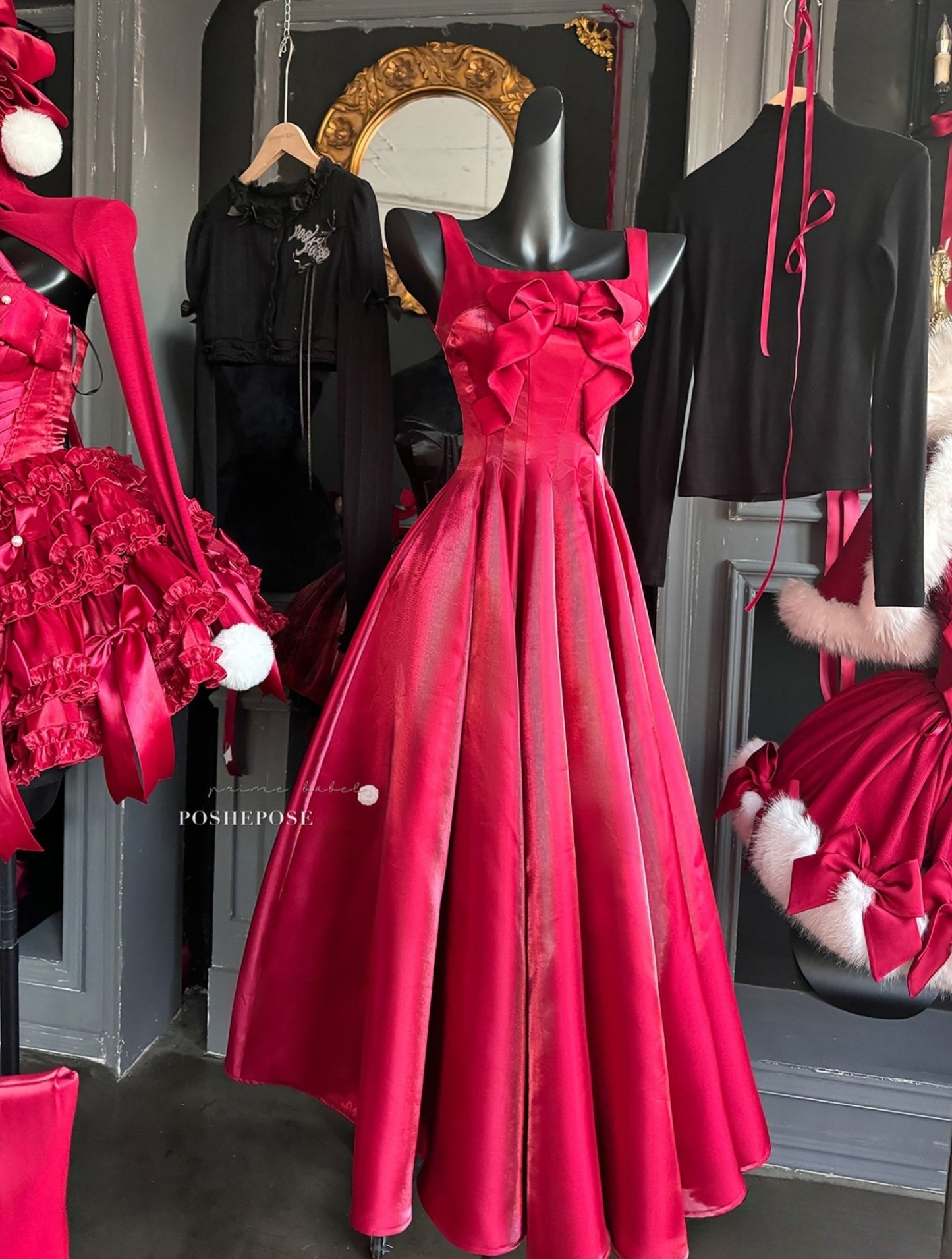 Red satin event gown perfect for celebrations and parties.