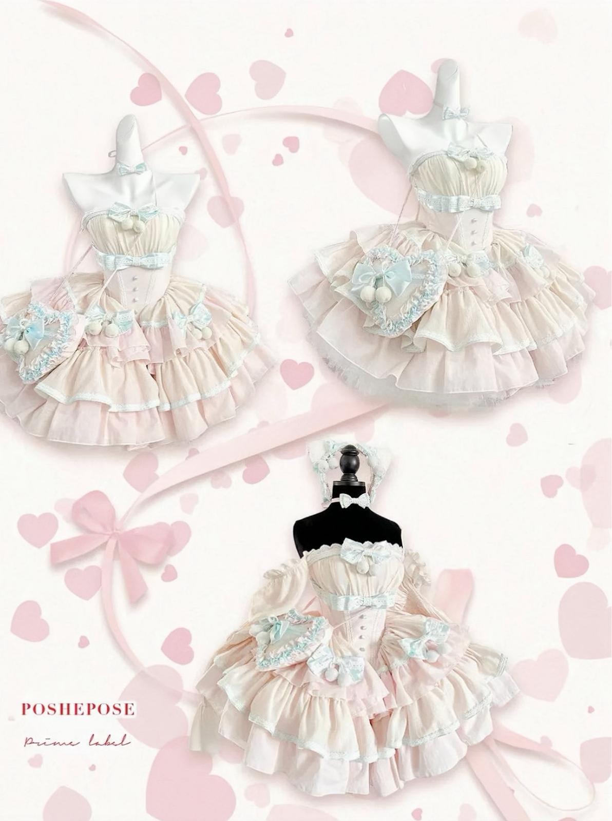 Fairy-tale mint lolita dress with baby-blue accents and soft ruffles by Poshepose Global.