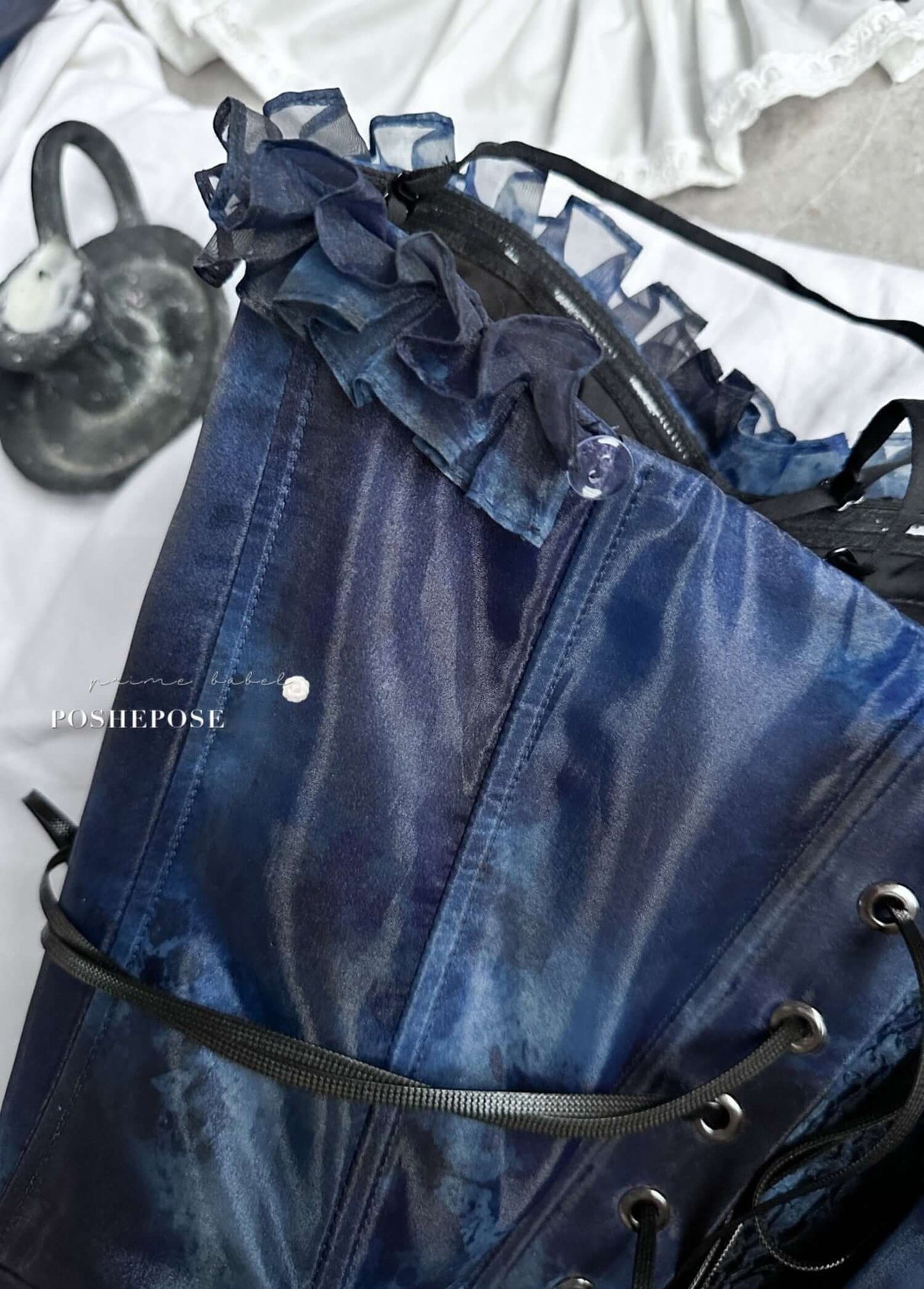 Haute Couture Deep Sea Dress Limited Edition in deep navy fabric with ruffled detail, perfect for prom and vintage fashion lovers.