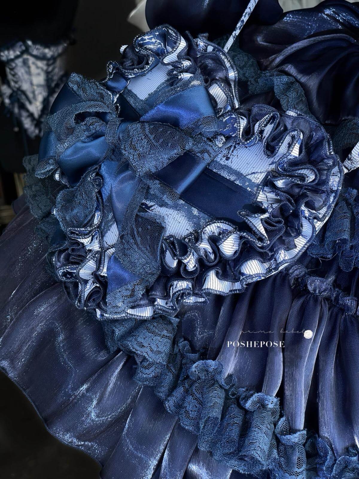 Poshepose Hidden Fox Dress Set with deep blue corset and lace bonnet.