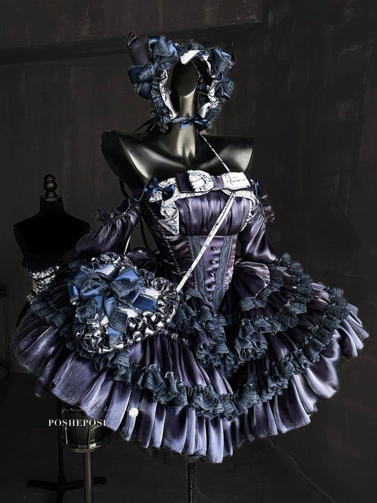 Luxury Rococo-inspired navy lolita dress with puff sleeves and layered ruffles.
