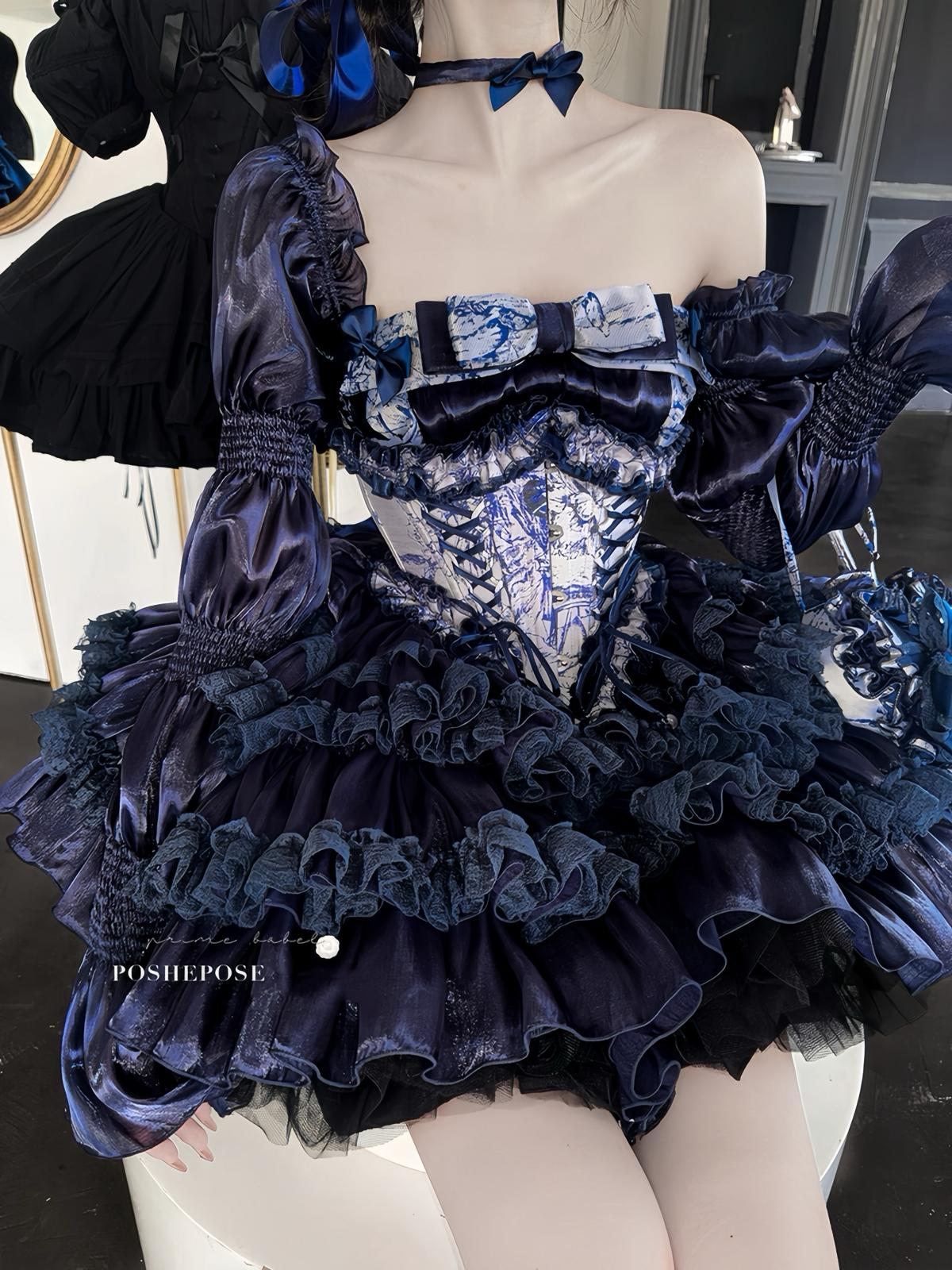 Hidden Fox Navy Edition Set in satin with voluminous skirt and corset bodice.