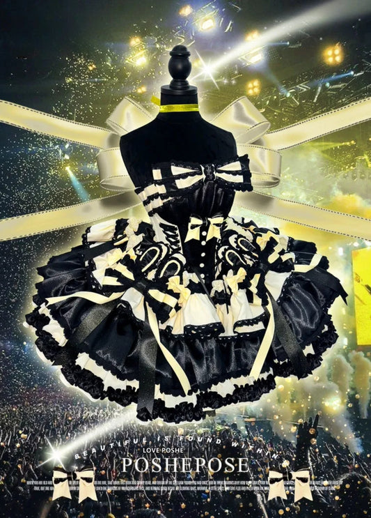 Close-up of yellow bow detailing on Sweet Dream Black Dress, Poshepose Global premium idol Lolita fashion.