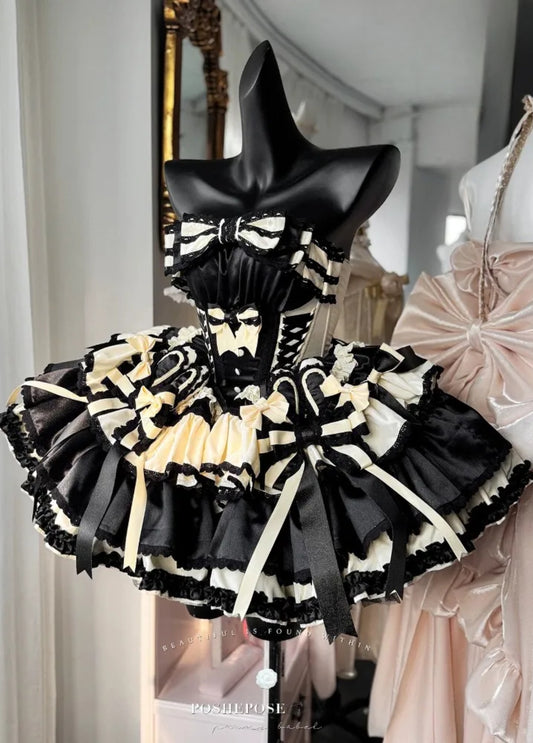 Sweet Dream Black Dress from Poshepose Global Idol Collection, black and yellow Lolita dress with off-shoulder lace and layered skirt.