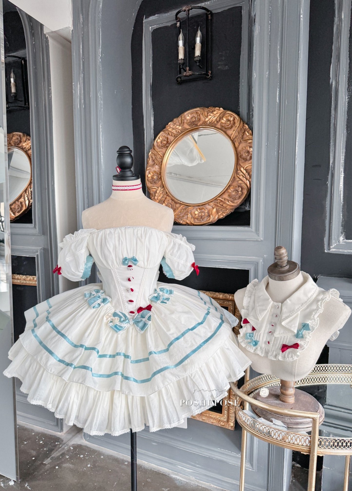 Poshepose Global Lolita dress featuring Victorian puff sleeves and lace trim.